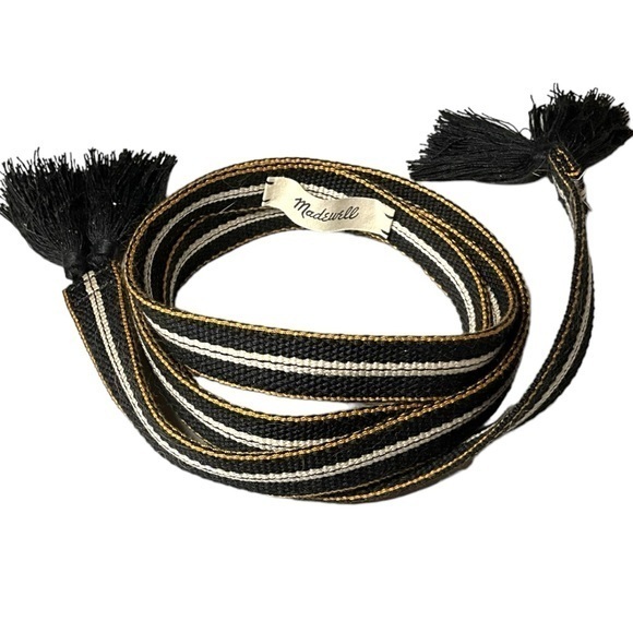 Madewell Woven Tassel Belt Black Cream Gold Stripe Boho Wrap OSFM - Picture 1 of 3